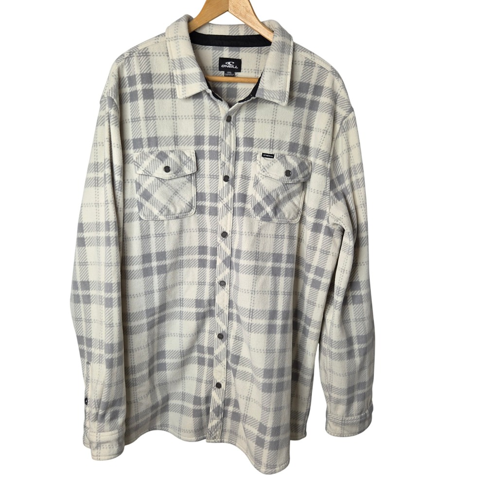 O'Neill Mens XXL White Gray Plaid Fleece Flannel Button Up Shirt Standard Fit